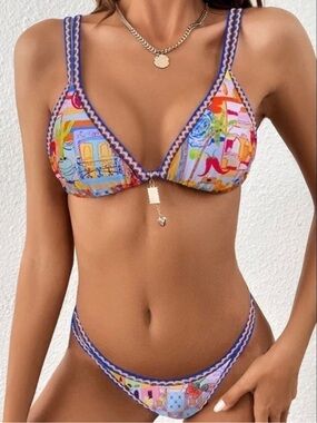 Multicolor Printed Triangle Bikini Set with Blue Trim - Women Swim